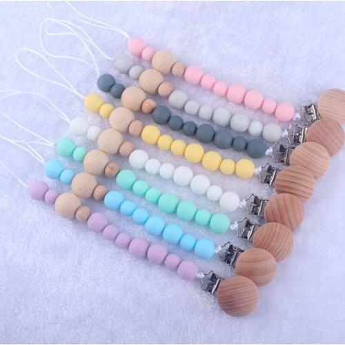 Baby Wood Beaded Pacifier Clip Silicone Chain Nipple Holder Infant Soother Teether Nipple Holder Baby Accessories Teeth Care