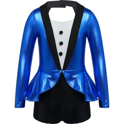 Kids Girls Long Sleeve Metallic Formal Ruffle Boadysuit Girls Skating Gymnastics Leotard Modern Disco Latin Jazz Dance Costume