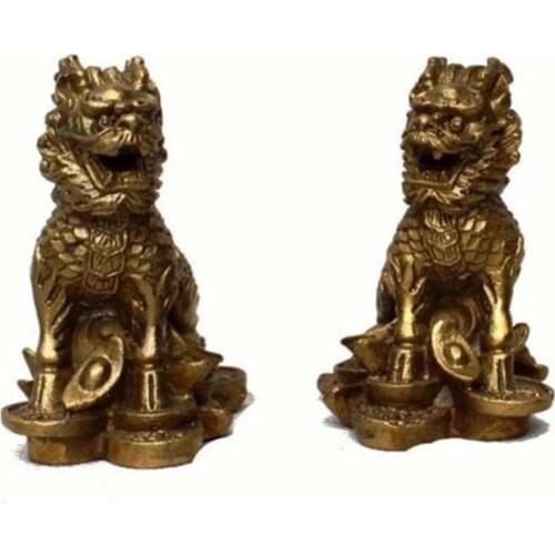China Chinese Fengshui Brass animal Door Kylin Chi-lin Qilin wealth Statue Pair