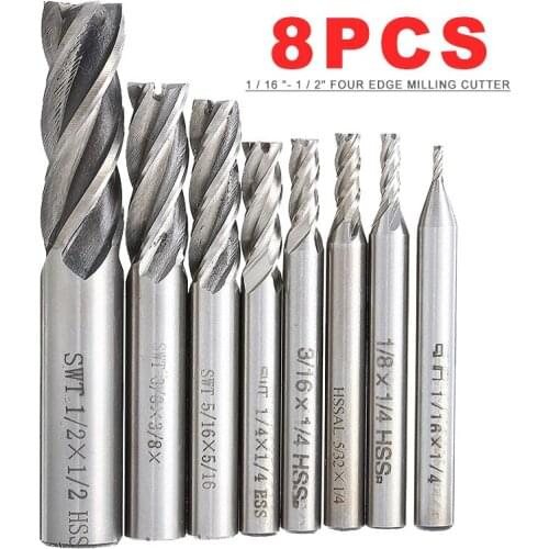 8pcs End Mill Bits High Precision HSS Metal Cutter 4 Flutes Milling Cutter Router Bits Tool 1/16''-1/2"