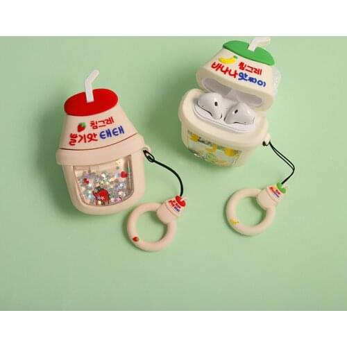 Cute Quicksand Bubble Tea For Airpods 1/2 Case Soft Silicone Wireless Bluetooth Earphone Protective Cover With Finger Ring Strap