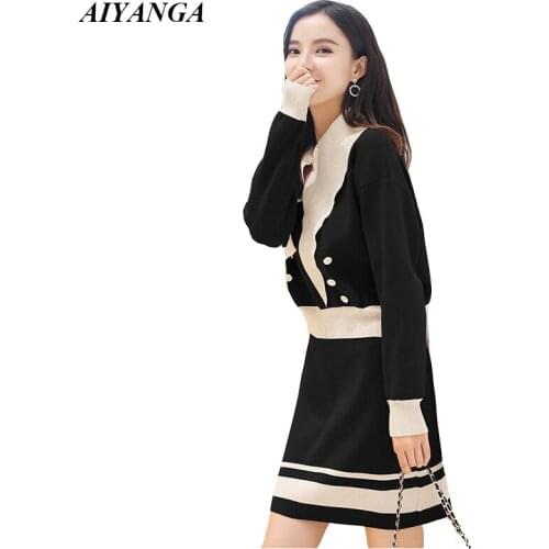 New Knitted Sweaters Women Sets Knitting 2 Pieces 2018 Autumn Winter Long Sleeve Pullovers Sweaters package Hip Skirts