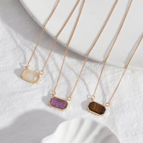 Hexagon Stone Pendant Necklace Purple White Brown Tiger Eye Charms Collar Gold Fashion Jewelry Gift For Women