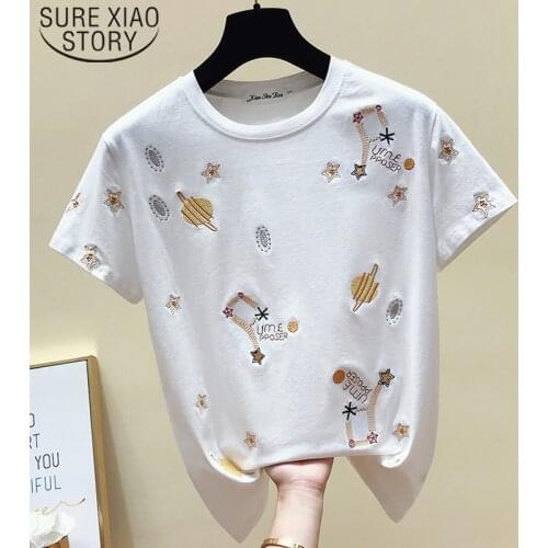Casual Black Tee Shirt 2021 Korea White T shirt Women Clothes Summer Short Sleeve Embroidery Vintage TShirt Female Tops 4863