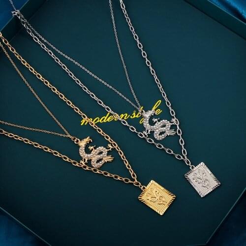 JUST FEEL Crystal Dragon Pendant Necklaces for Women Gold Color Jewellery Square Carved Butterfly Necklace Lucky Mascot Gifts