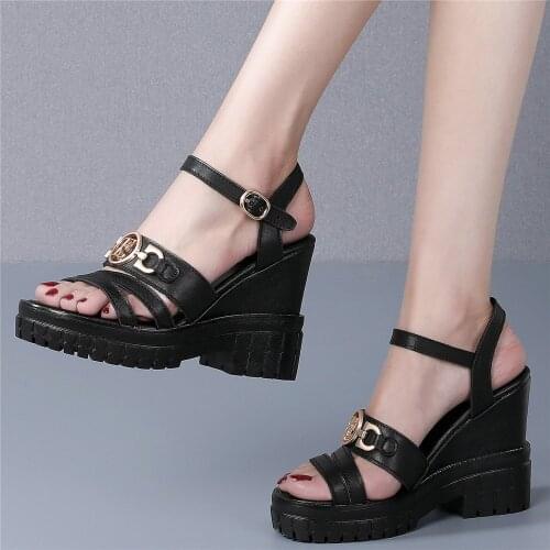 Buckle Shoes Women Genuine Leather Wedges High Heel Gladiator Sandals Female Summer Open Toe Platform Pumps Shoes Casual Shoes
