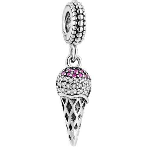 S925 Pendant DIY Jewelry Ice Cream Cone Dangle Charm fit Lady Bracelet Bangle Girl Gift Red & Clear CZ