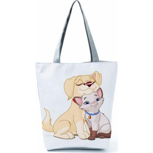 Dog Cat Printed Shoulder Bag Casual Lovely Handbags Eco Tote High Capacity Shopping Bag Portable Beach Bag Practical Womens Bag