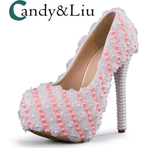 White Lace Pink Pearl Beaded Wedding Shoes Super High Heel Round Toe with Platform Women Pumps for Banquet Party Evening Dress