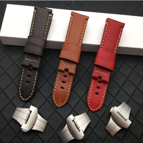 Vintage Italy Calf cow flat Leather Watchband 24mm watch band Butterfly Buckle For Panerai strap belt With engraving Red Brown