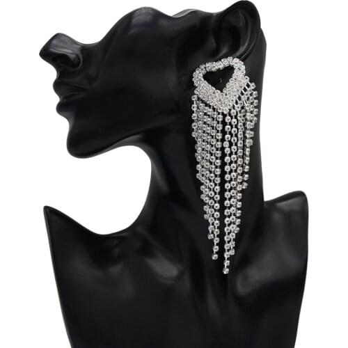 Fashion Exaggerated Long Heart Metal Tassel Drop Rhinestone Women Party Wedding Earrings Super Flash Earrings Brincos Jewelry