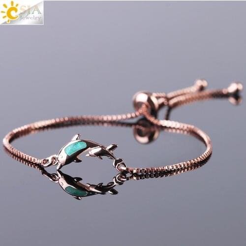 CSJA Fire Opal Double Dolphin Animal Femme Girl Bracelets Bangles Rose Gold Color Adjustable Chain Charm Feminino Jewellery F469