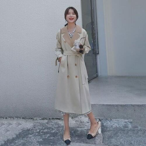 Womens Trench Coat 2021 New Autumn Long French Style Retro Loose Stitching Contrast Color Fashionable Double-Breasted Jacket F1