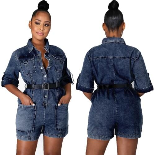 Women Solid Denim Turndown Collar Short Sleeve Pockets Bodycon Short Jumpsuit Personality Street Trendsetters 2020 Hot New