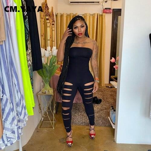 CM.YAYA Women Hole Sexy Jumpsuit Summer Active Bodycon Strapless Elastic Romper Basic Classic Overall Playsuit