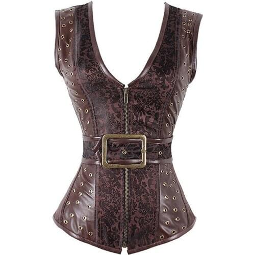 Womens Brown Steampunk Corset Gothic Clothing Sexy Jacquard PU leather Steel Boned Zip Buckle Corsets And Bustiers Cool