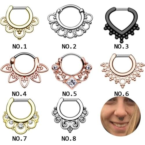 1Pc Top Quality Titanium 16G (1.2mm) Zircon Septum Clicker 8 Mix Style Nose Ring Body Piercing Hanger Clip On Fashion Jewelry