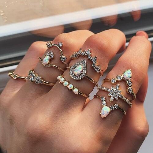 10 Pcs/Set Bohemian Retro Water Drops Star Crown Crystal Gold Ring Women Party Jewelry Wedding Accessories Engagement Ring