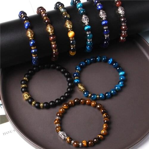 42 Kds Buddha Head Bracelet Men Natural Chakra Lucky Tiger Eye Dzi Agat Stone Beads Bangle Vintage Elastic Pulsera Women Jewelry