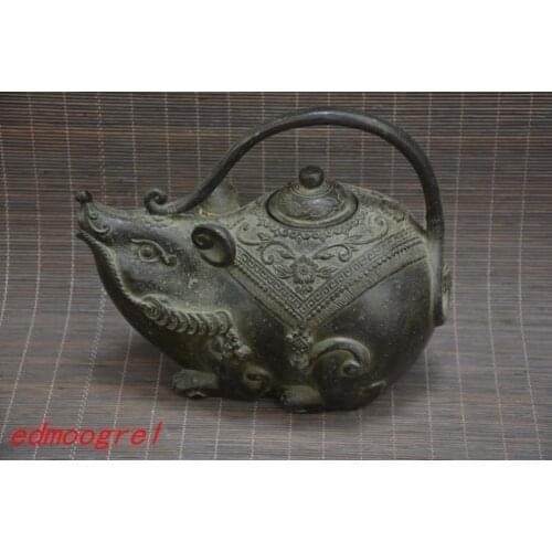 Antique MingDynasty bronze teapot,,carved mouse,Hand-carved crafts,Decoration,Collection&Adornment,Free Shipping