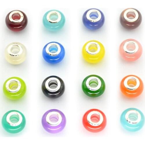 10 Pcs 14MM mixed resin Opal Silver Beads Natural Cat Eye Stone Murano European Czech Bead Fit For Pandor Charms Bracelet H428