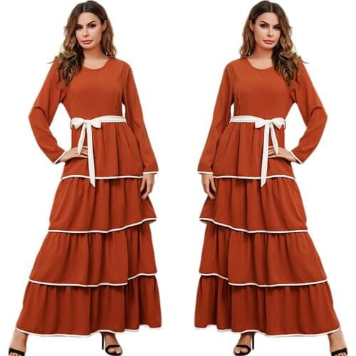 Dubai Women Chiffon Long Dress Muslim Layered Dress Long Sleeve Arab Jilbab Ramadan Islamic Clothing O-neck Turkish Casual New