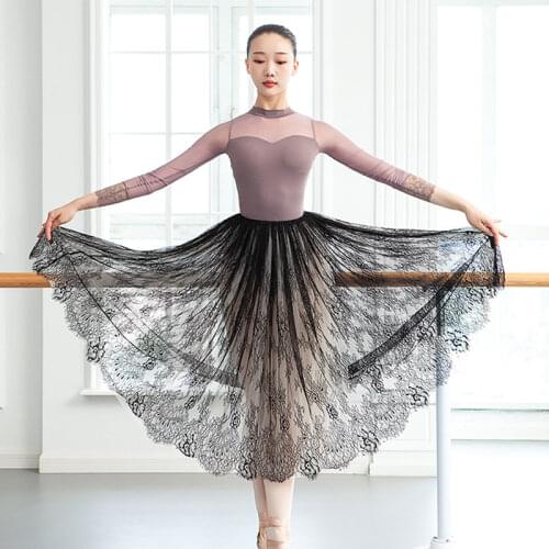 Lady Fairy Double-Layer Soft Lace Long Skirts for Women Black White Back Bow A-line Skirt Adult Women Fit for Ballet Leotards