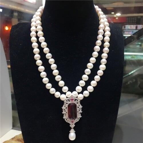 Hot sell new 9-10mm natural white fresh water pearl zircon accessories double short necklace fashion jewelry