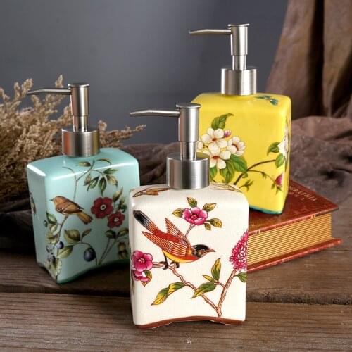 Ceramic Hand Sanitizer Bottle Flower Bird Garden Lotion Bottle Press Fill Empty Bottles Large Capacity Leak-proof Soap Dispenser