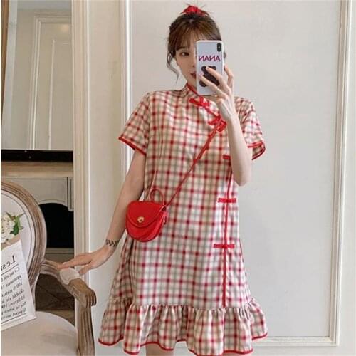 Red Plaid Cheongsam Dress Summer Vintage Improved Women Qipao Modern Chinese Traditional Dress Short Sleeve Ruffle Tenue