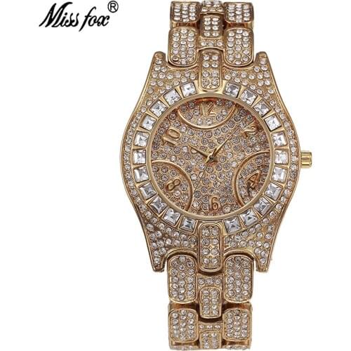 MISSFOX Women Luxury Watches Full Rhinestone Dial Waterproof Watch Arabic Numeral Stainless Steel Strap Ladies Wristwatch V150