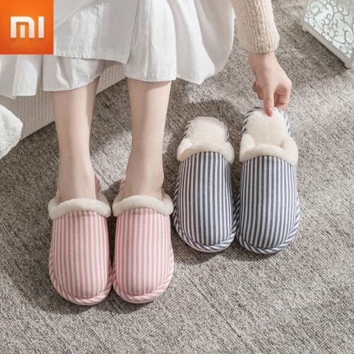 Xiaomi Mijia Non-slip Winter Slippers Home Warm Cotton Indoor Flat shoes Men Women Couple Bedroom Striped Shoes Fur Slippers