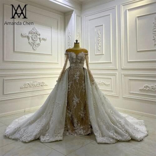 Novias 2021 Long Sleeve Lace Applique Pearls 3D Flowers Detachable Skirt Wedding Dress