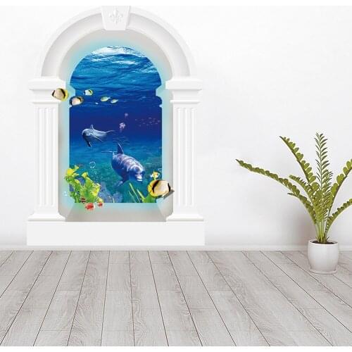 New wall stickers 3D broken wall dolphin retro false window living room bedroom decorative painting