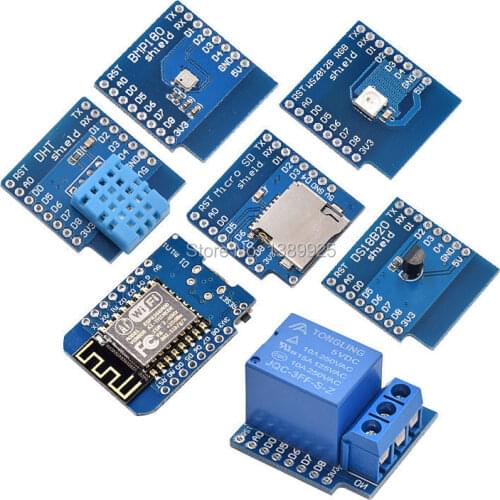 7 kinds WeMos D1 KIT WiFi board D1 Mini + DS18B20 + WS2812 + micro TF card + 1 channel relay + BMP180 + D1 DHT11