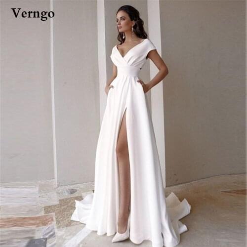 Verngo Simple A Line Beach Wedding Dress V Neck Cap Sleeves Side Slit Elegant Bridal Gowns Long Formal Party Dresses Plus Size