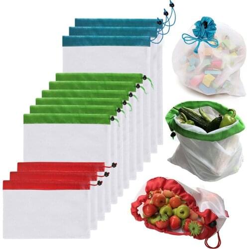 12Pcs Reusable Mesh Drawstring Grocery Shopping Bag Adjustable Polyester String Bag Fruit Vegetable Storage Mesh Shopping Bags