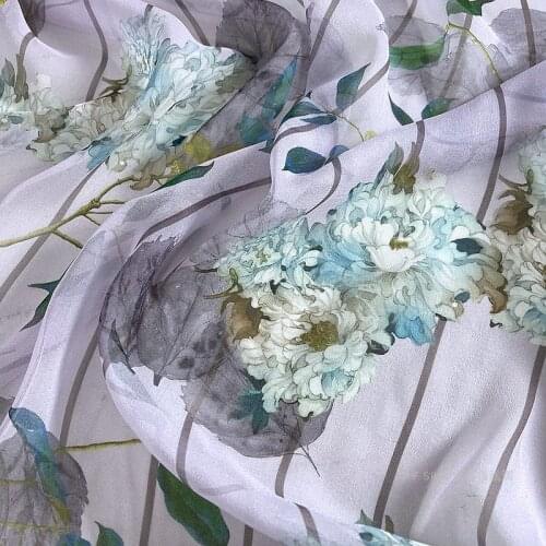 1 Meter Silk Dress Fabric Wide Georgette Ancient Style Strips Lavender Leaf White Hibiscus