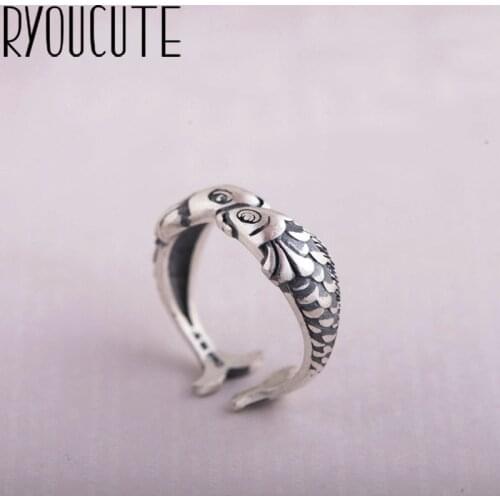 Vintage Silver Color Fish Rings for Women Adjustable Size Rings For Men Girls Open Jewelry