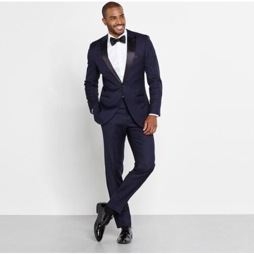High Quality Navy Blue Groom Tuxedos Peak Lapel Groomsmen Best Man Mens Wedding Suit (Jacket+Pants+Tie) W:351