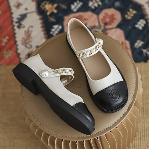 Pearl Metal chain mary janes woman flats low heels retro mixed color square toe shoes women embroider flower loafers female 2021