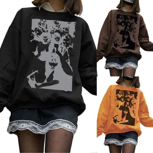 Female Pullover Sweatshirts Adults Portrait Print Round Neck Long Sleeve Tops for Spring Fall Brown/Black/Orange S/M/L