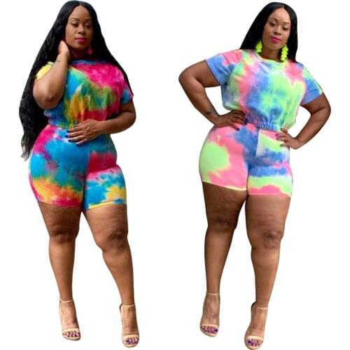 Plus Size Sexy Tie-dye Two Piece Set Women Summer 2020 O Neck Short Sleeve Tops And Shorts Casual Tracksuit Beach Matching Suits