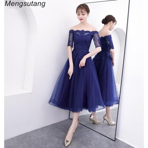 Robe de soiree Navy Blue Boat Neck Beading with Appliques Long Evening Dresses Lace vestido de festa Banquet Party Prom dresses