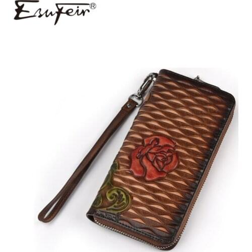 2019 Vintage Genuine Leather Embossed Long Wallet Fashion Double-sided Flower Ladies Multi-card Wallet Designer Casual Clutch