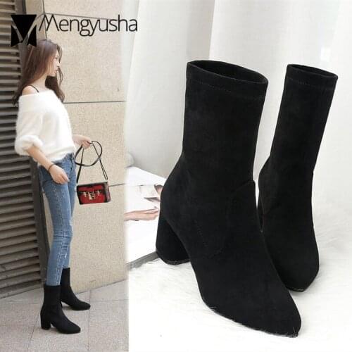 Boots mujer autumn winter new riding botas nubuck pointed toe thick heel short boots woman brand short plush elastic socks boots