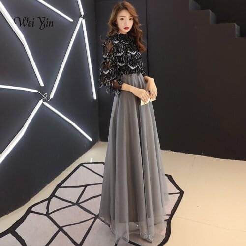 Weiyin Black Muslim Evening Dresses A-line 3/4 Sleeves Floor Length Sequined Dubai Saudi Arabic Long Elegant Evening Gown WY1143