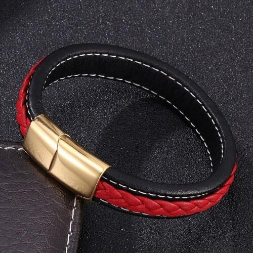Black Red Braided Leather Bracelet Gold Stainless Steel Magnetic Buckle Punk Charm Bangles Men Fashion Jewelry Gifts S0218