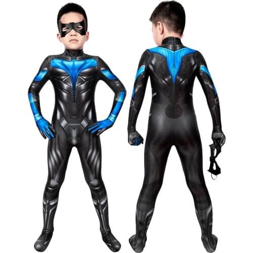 Kids Bat Titans Dick Grayson Jumpsuit Cosplay Costume For Children Halloween Masquerade Cool Bodysuit With Eye Mask