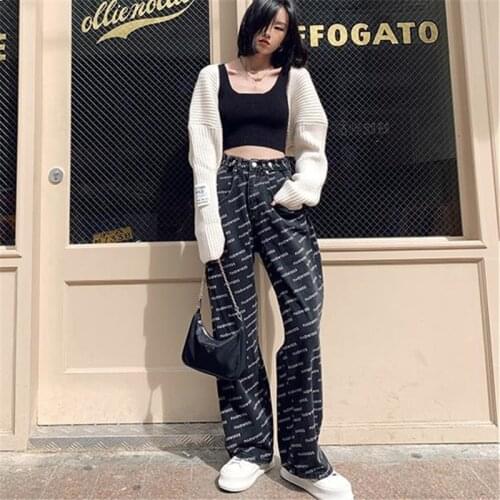 Pant Jeans Women Spring Summer New Black Grey Letters High Waist Buttons Zipper Street Fashion Commuter Straight Denim Trousers